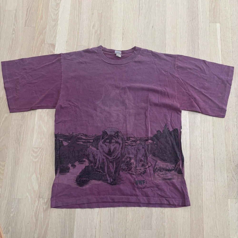 Basics NWF Wolf Graphic T-Shirt Mens XL Purple Good Vintage All Over Print